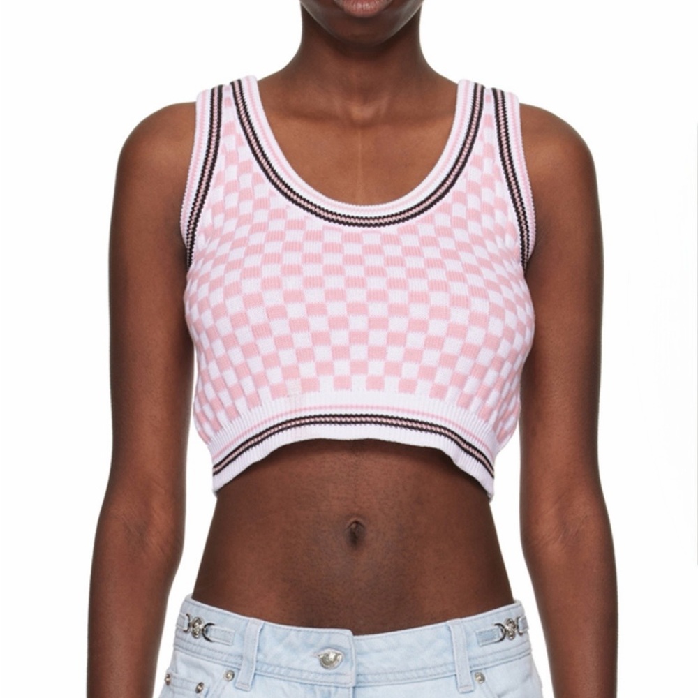 Versace Pink and White Contrasto Crop Tank Top